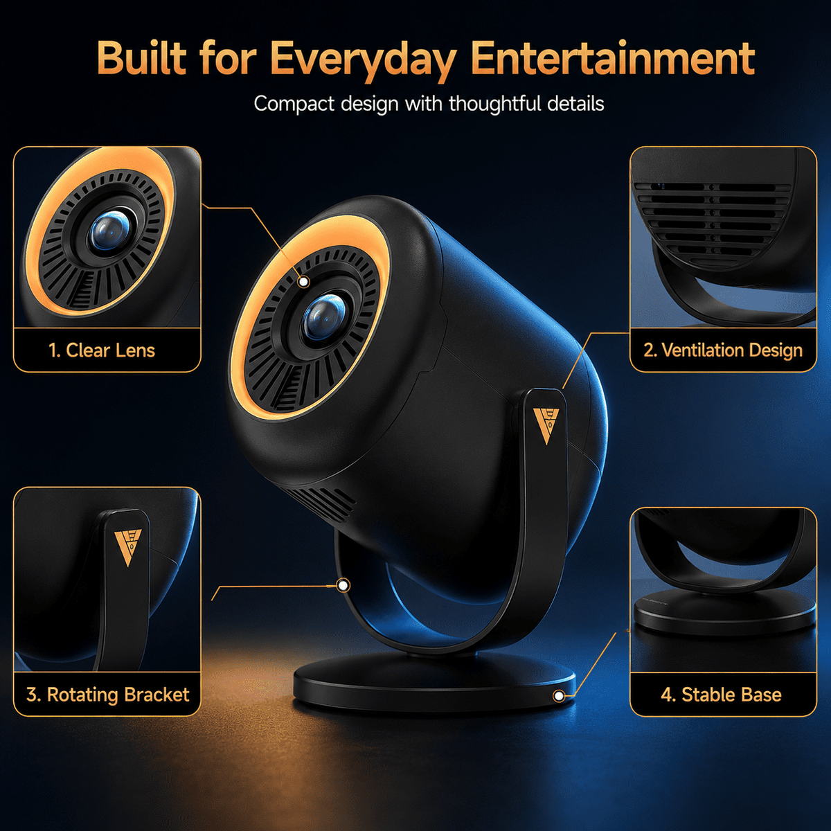 Mini Projector with WiFi and Bluetooth, Native 1080P Portable Movie Projector, Auto Keystone, 180 Degree Rotating Stand, HDMI USB Type-C for TV Stick, Black Orange, Vamvo