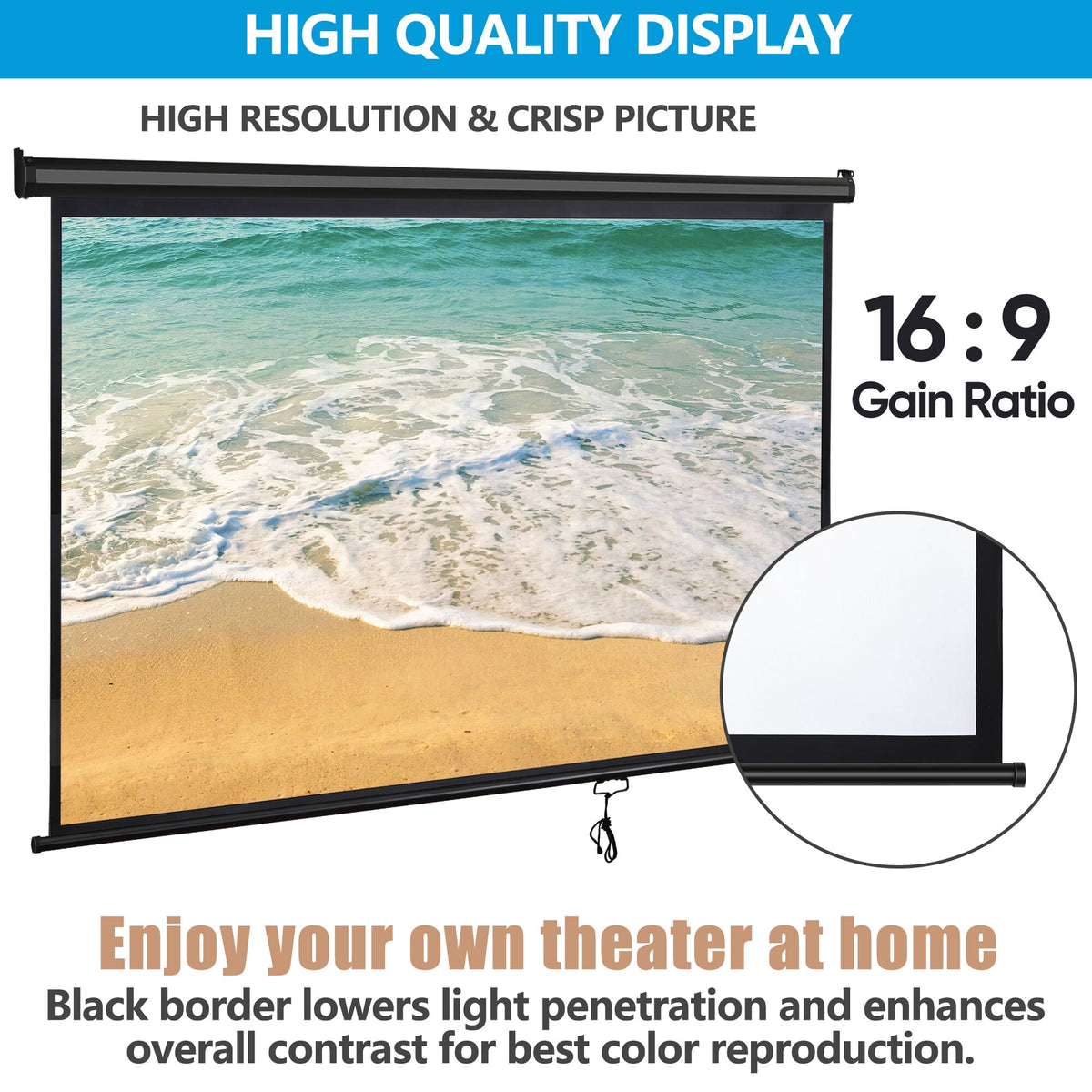 ZENY 80'' 16:9 HD Manual Pull Down Projector Screen Anti-Crease Foldable Portable Projection Screen for Home Theater Cinema Office, White