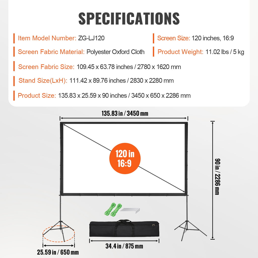 KFFKFF 100" Portable Projector Screen with Stand, 16:9, HD, 4K, Movie Screen Featuring Wrinkle-Resistant Design, for Indoor and Outdoor Use.