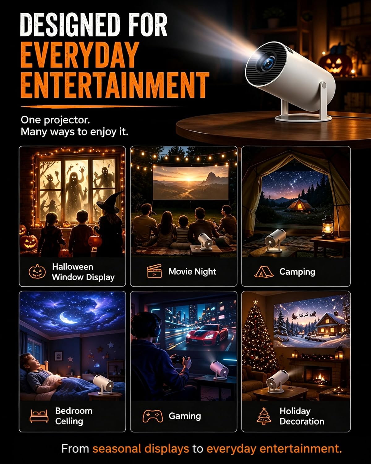 Hcppkzl Halloween Window Projector, 4k Smart Dual-Band Wifi, Scary Hologram Projection Effects, White