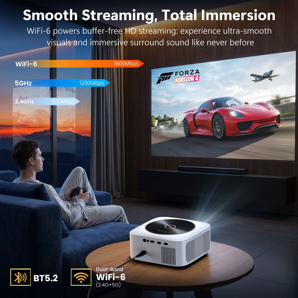 HAPPRUN 1500 ANSI Lumens Smart Projector Compatible with Netflix, 4K Decoding Movie Projector with WiFi & Bluetooth, Auto Focus & Keystone, Built-in Streaming Apps, Outdoor Projector for Home Theater