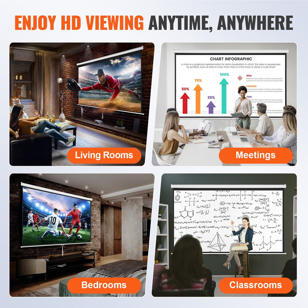 KFFKFF Manual Pull Down Projector Screen, 100 inch 16:9, 4K 1080 HD, Auto-Locking, Portable Screen for Home, Office, and Family Theater