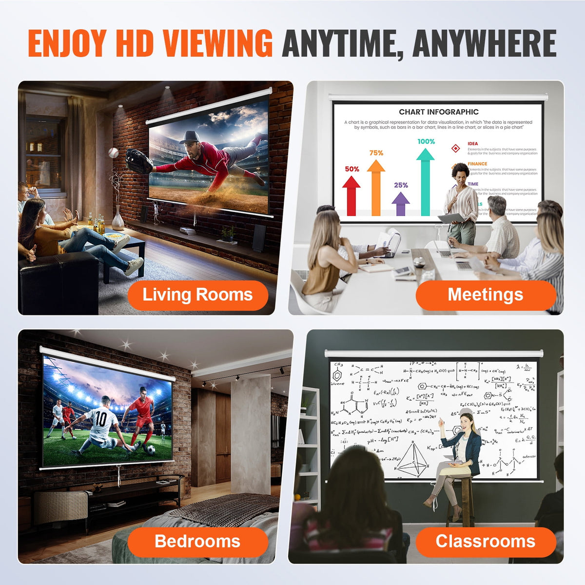 KFFKFF Manual Pull Down Projector Screen, 100 inch 16:9, 4K 1080 HD, Auto-Locking, Portable Screen for Home, Office, and Family Theater