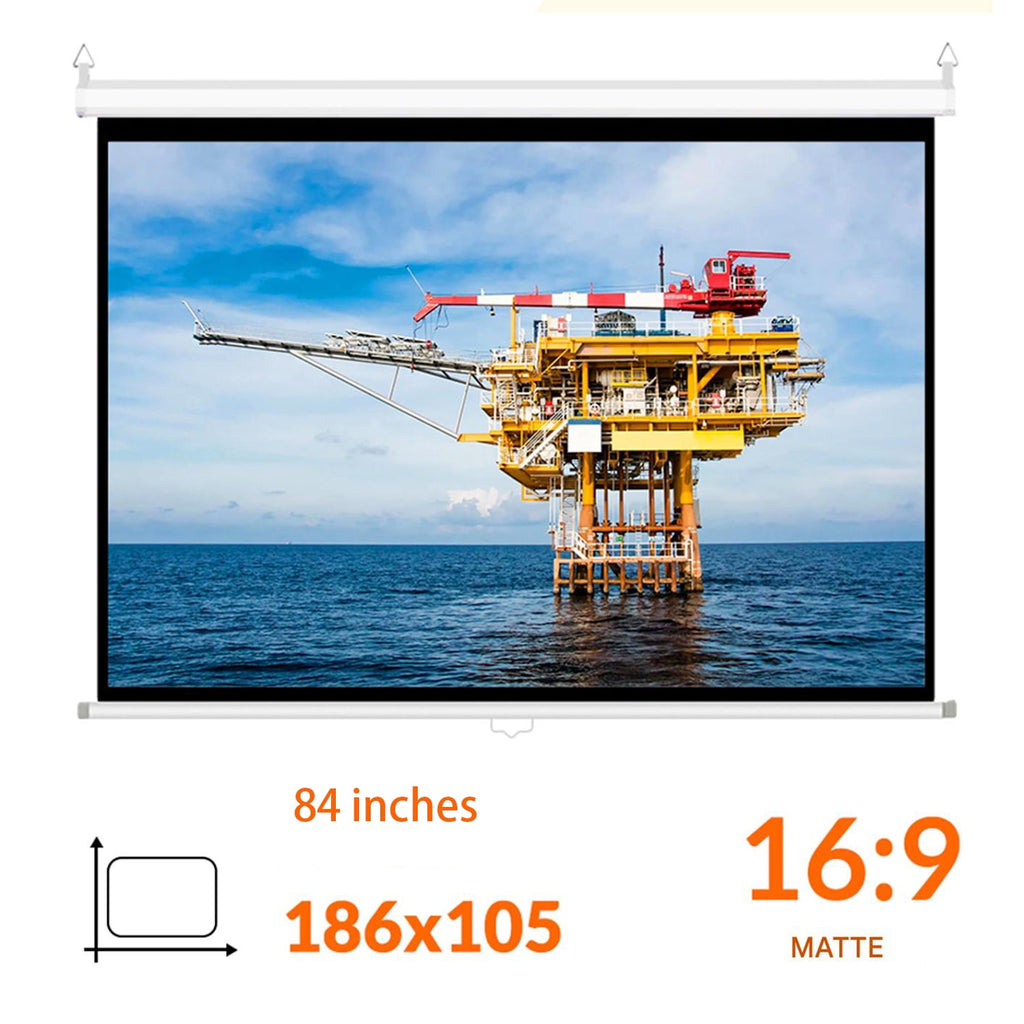 HVKDIEB Manual Pull Down Projector Screen 84 inch 16:9 Retractable Projector Screens for Movie Home Theater Cinema Office Video Game, White