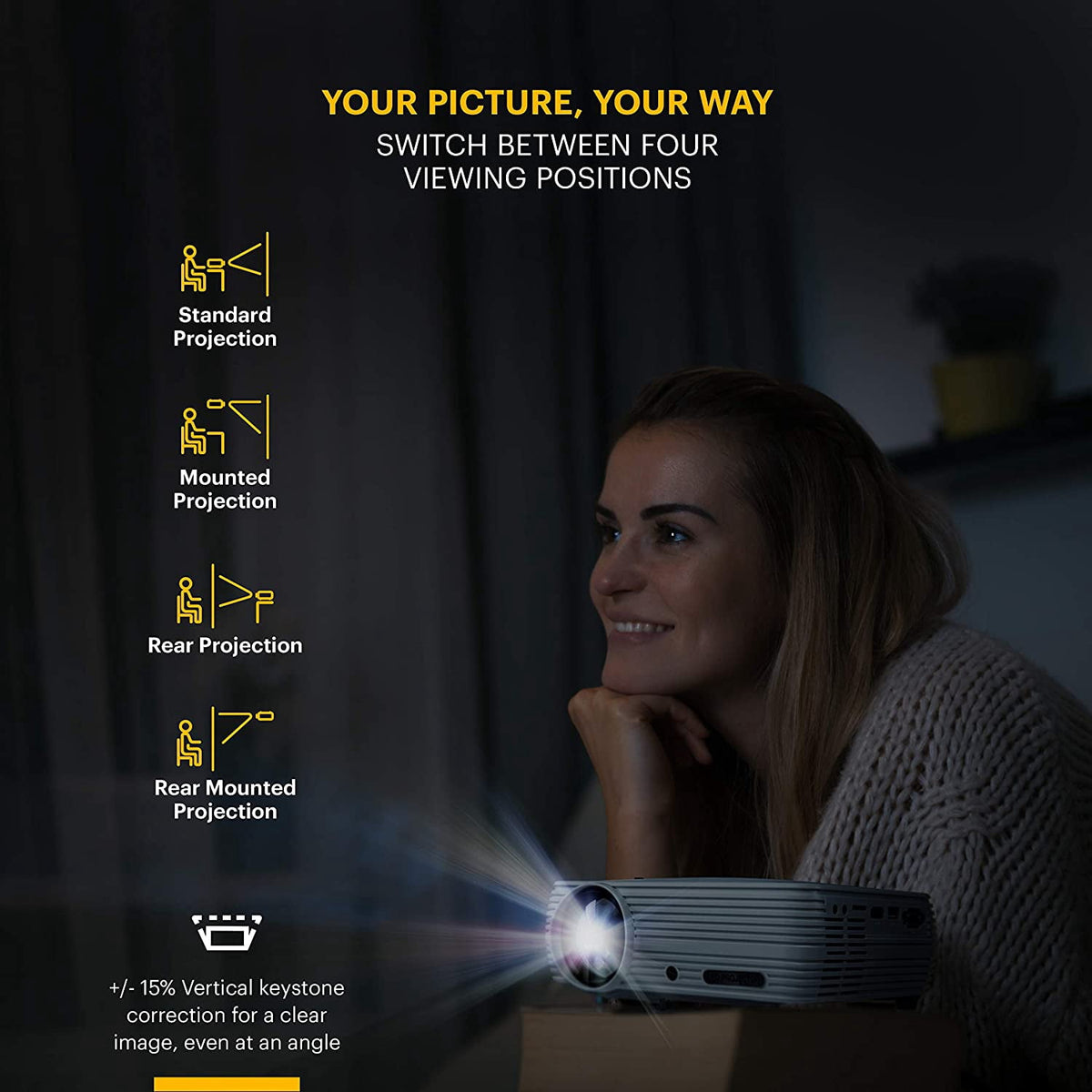 Kodak Flik X4 1080p Home Projector, Portable LED Projector & Home Theater up to 150”