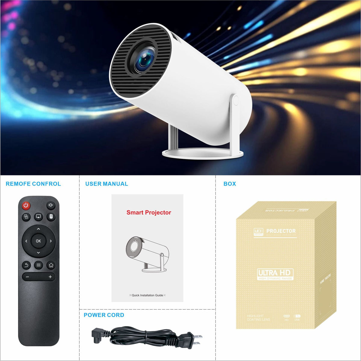 Mini Projector 4K Support with WiFi 6 & BT 5.4 290 ANSI Brightness, Auto Keystone, 180 Degree Rotation, Portable Projector for Home Theater & Outdoor Movies HY300Pro