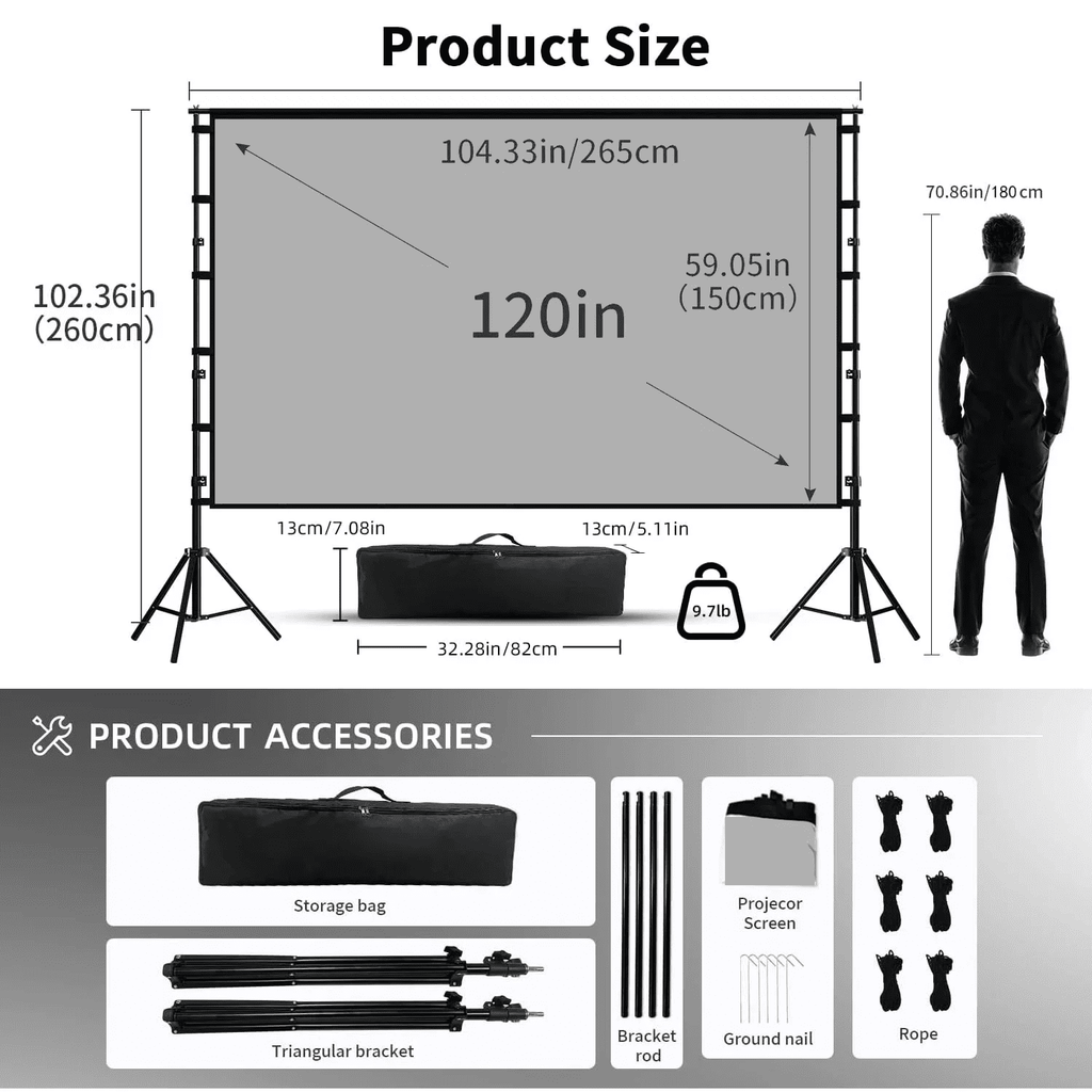 HVKDIEB Outdoor Projector Screen with Stand, 100 Inch Milk Silk Fabric with Black Backing, Double Tripod Movie Screen with Carry Bag for Backyard Home Theater