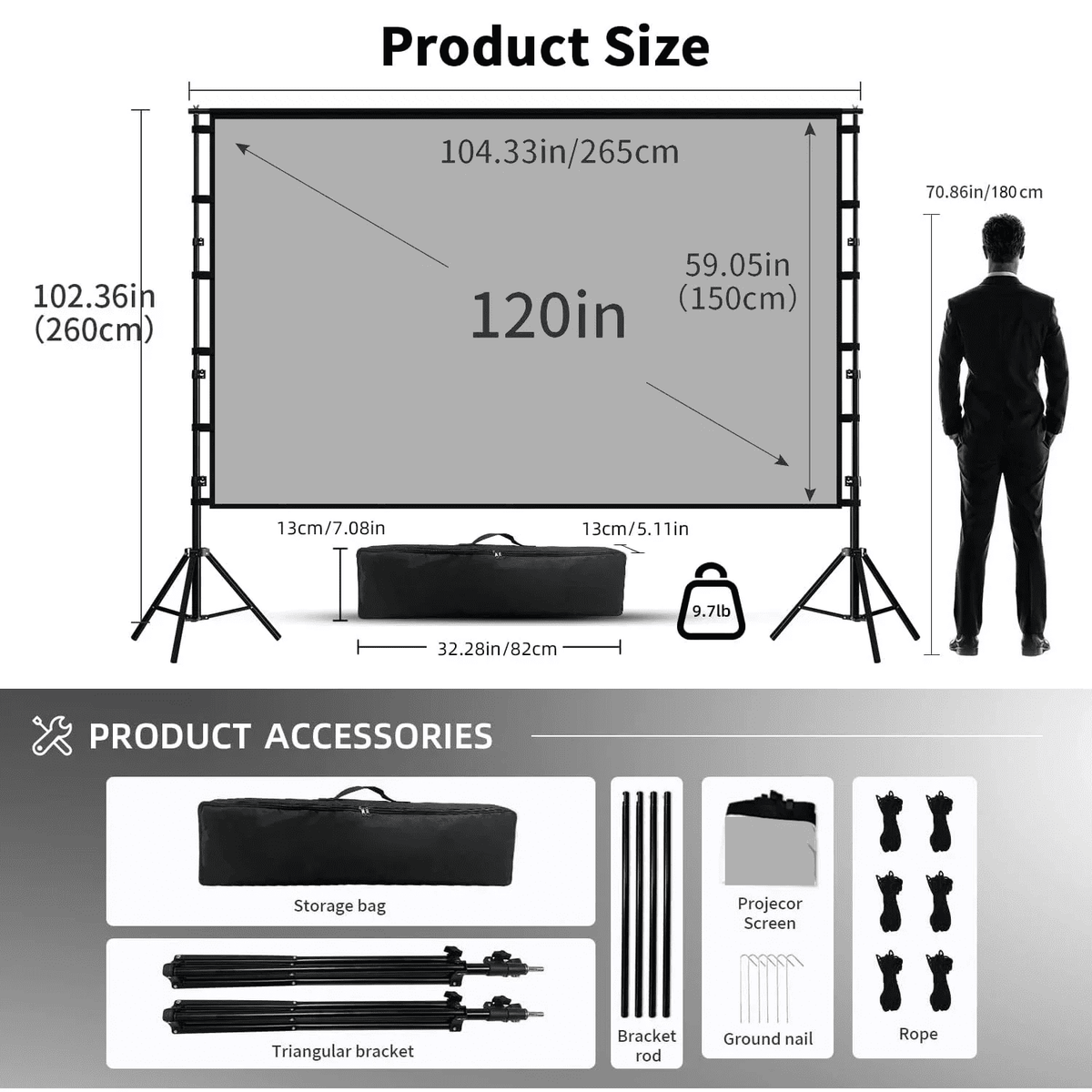 HVKDIEB Outdoor Projector Screen with Stand, 100 Inch Milk Silk Fabric with Black Backing, Double Tripod Movie Screen with Carry Bag for Backyard Home Theater