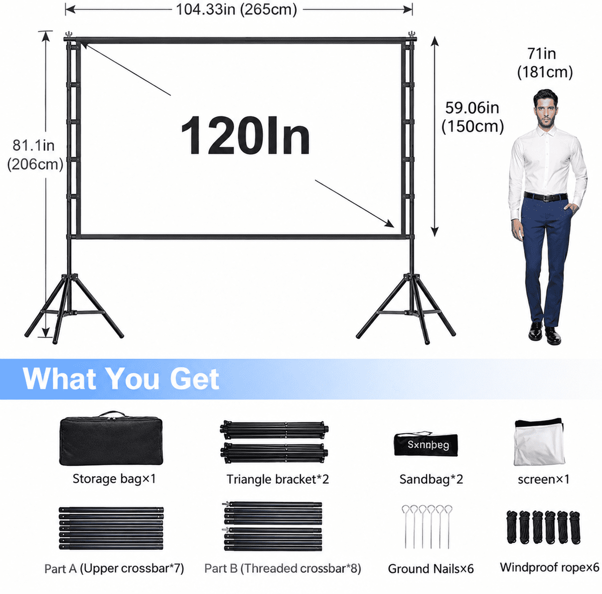 Florascent 120 inch Projector Screen with Stand, 4K HD 16:9 Foldable Anti-Crease Indoor Outdoor Movie Screen, Portable Projection Screen for Backyard Theater, Camping, and Sports Viewing Parties