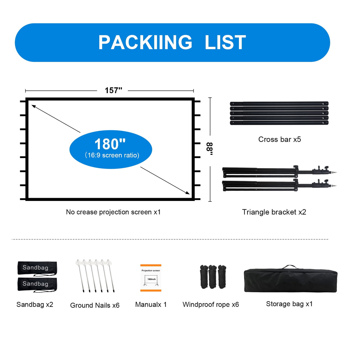 Florascent 180" Projector Screen with Stand, Portable Projection Screen 16:9 4K HD Movie Screen for Outdoor Indoor Home Theater