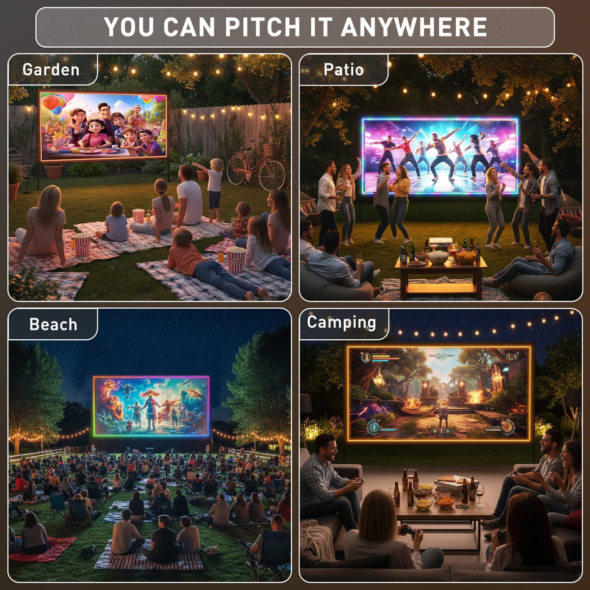 150 Inch Projector Screen with LED Strip & Smart LED Lights 4K Ultra HD Wrinkle-Free Projection Screen with 160° Wide Viewing Angle, Perfect for Ball Games, Sports Matches, TV Shows, Movies & Indoor
