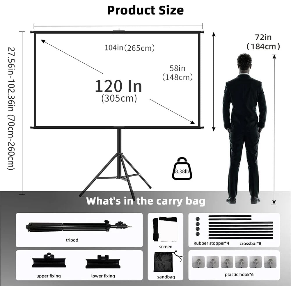 GAINVANE Projector Screen With Stand Foldable White Less Creases 100 inch Soft Double Sided Screen Home Theater Outdoor