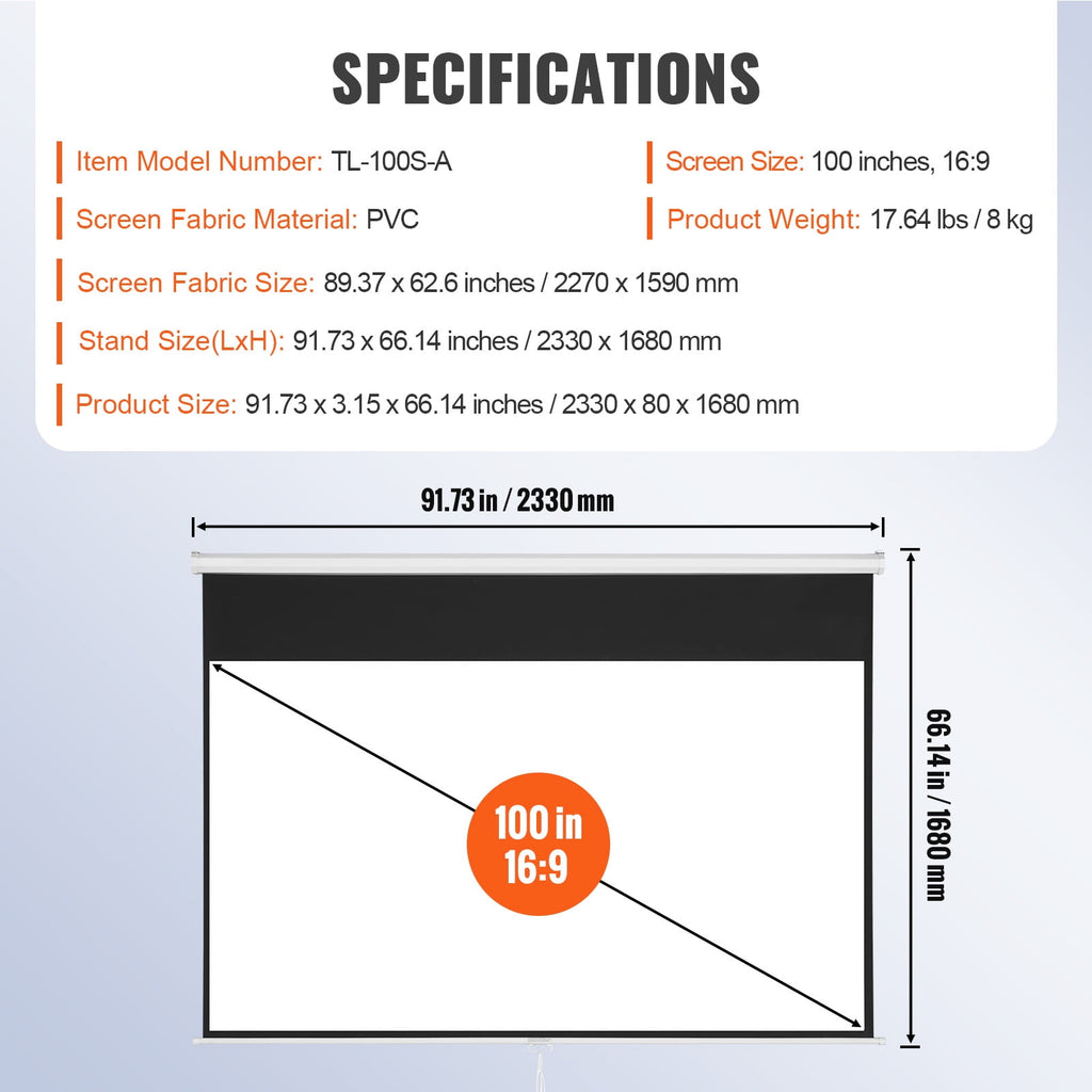KFFKFF Wall Mount 100" Pull Down Projector Screen, White & Black, TL-100S-A