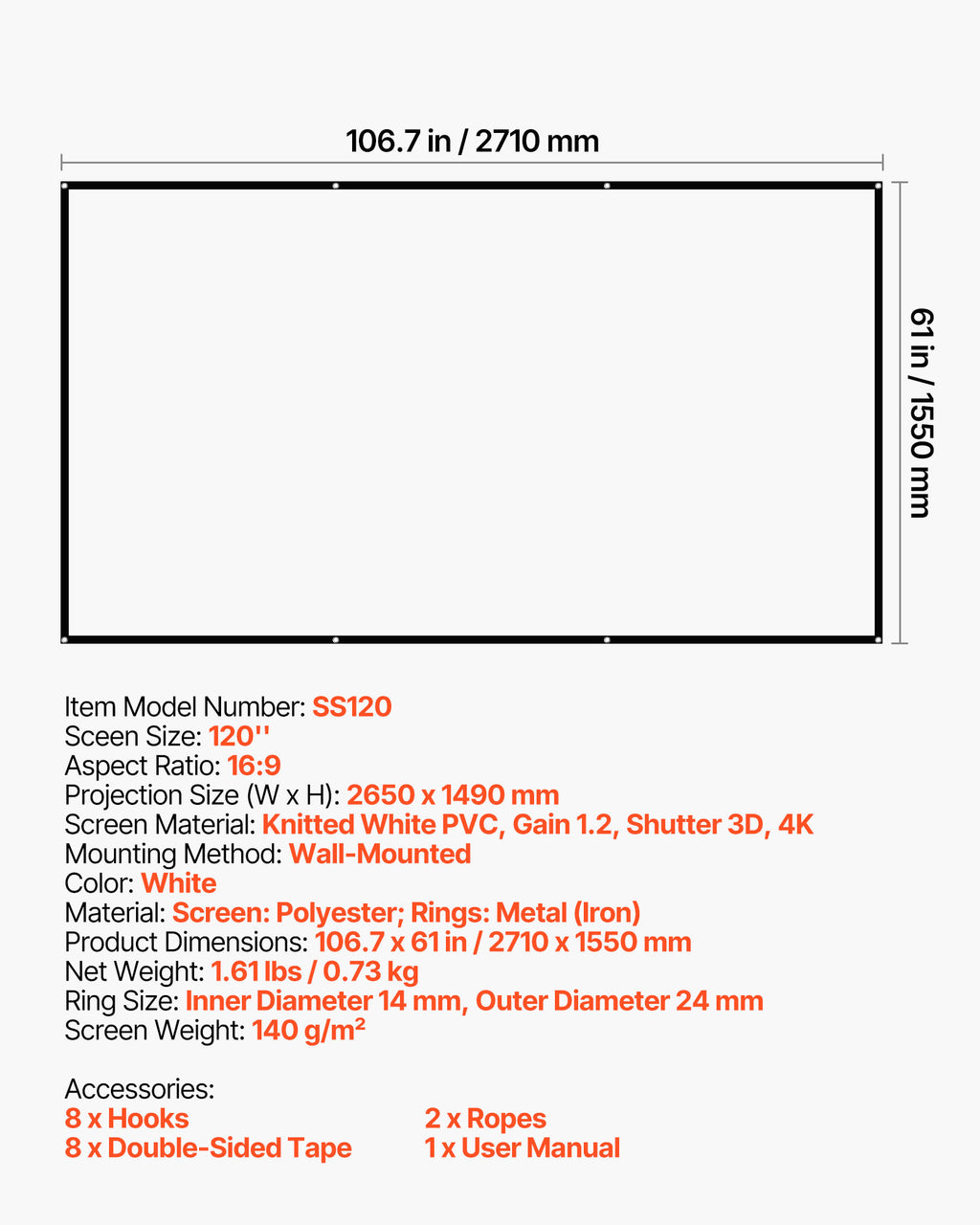 VEVOR Projector Screen, 120 inch 16:9 4K 1080 HD Projection Screen, Wall Mounted Projection Dispaly Projector with 8 Hooks and Double-Sided Tapes, Portable Moive Canvas for Family Home Office Theater