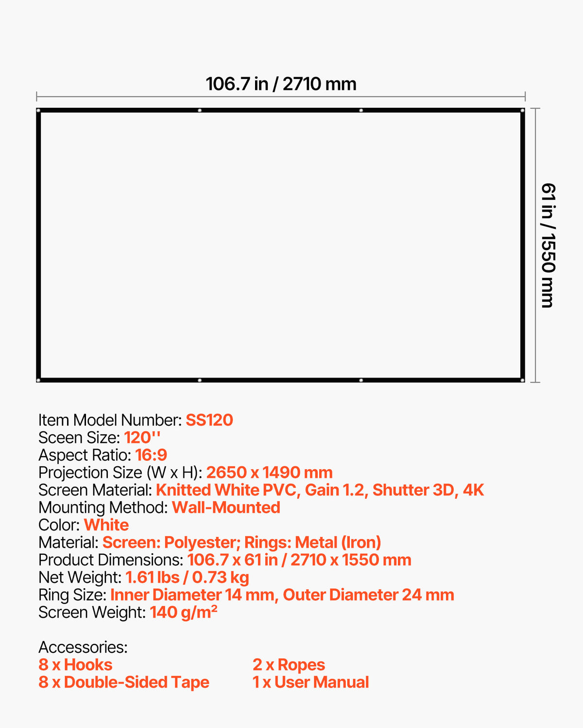 VEVOR Projector Screen, 120 inch 16:9 4K 1080 HD Projection Screen, Wall Mounted Projection Dispaly Projector with 8 Hooks and Double-Sided Tapes, Portable Moive Canvas for Family Home Office Theater