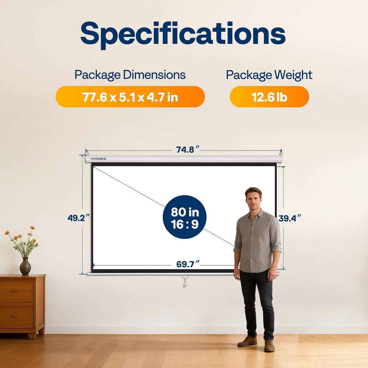 SPECSTAR 80 inch Manual Pull Down Projector Screen, 16:9 HD Retractable Projector Screens with Auto Locking for Movie Home Theater Cinema Office Video Game, Black(70Wx40H Inch Display Area)