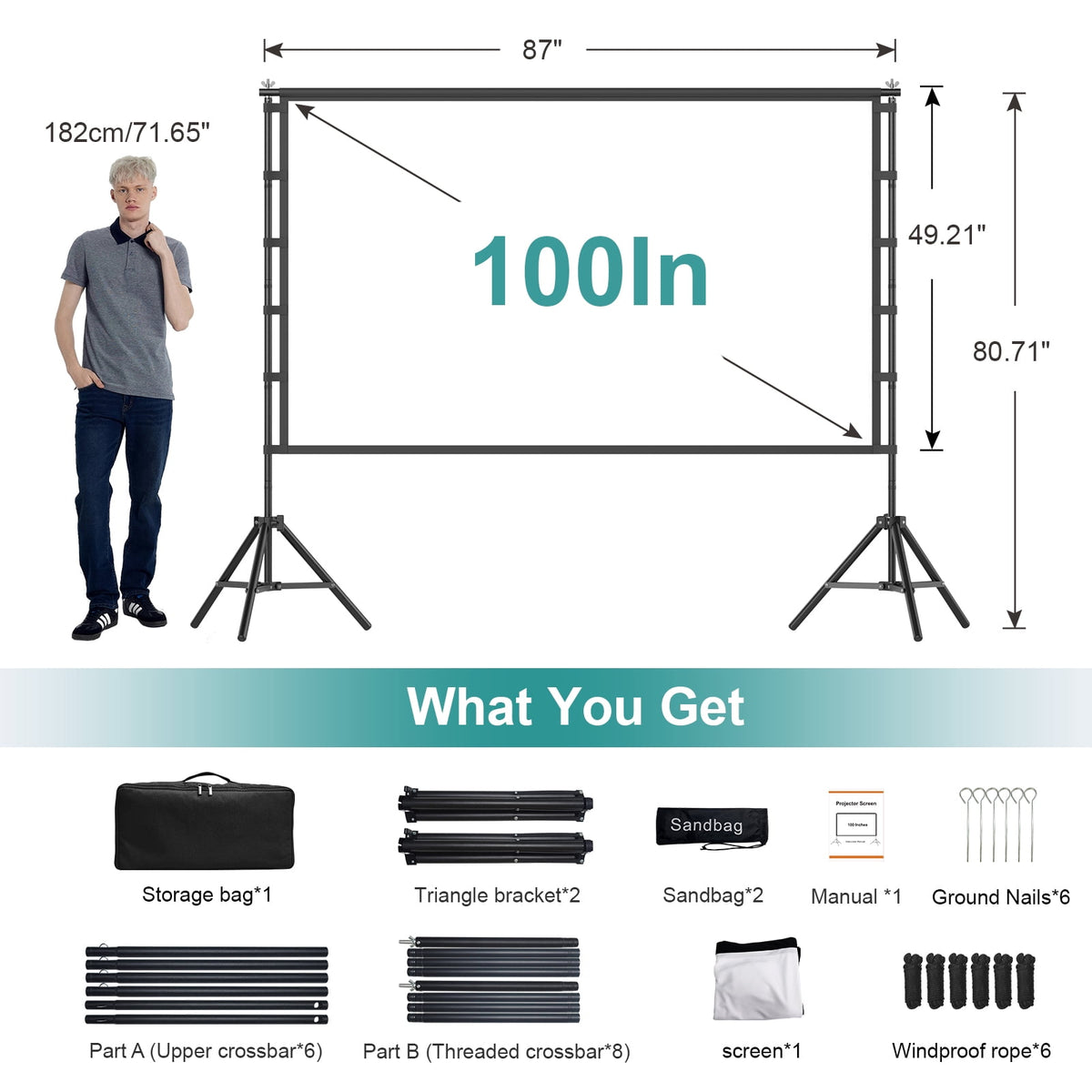 Florascent 120 inch Projector Screen with Stand, 4K HD 16:9 Foldable Anti-Crease Indoor Outdoor Movie Screen, Portable Projection Screen for Backyard Theater, Camping, and Sports Viewing Parties