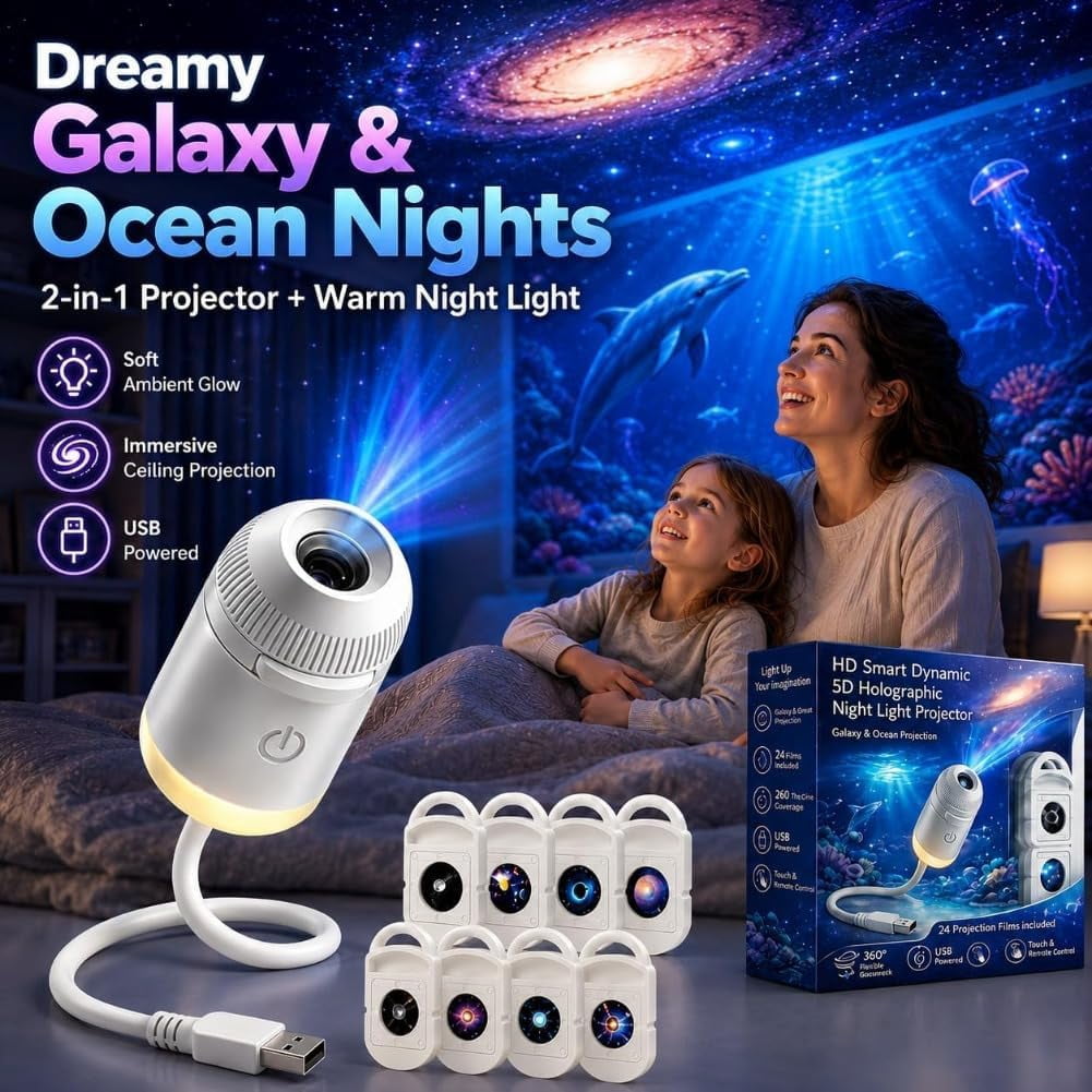 2026 Upgraded Plug and Play Hd Star Projector with 12 Films, Hd Smart Dynamic 5D Holographic Night Light Projector, 2-in-1 Galaxy Star Projector, 360 Rotating, USB Powered (with 12 Films)