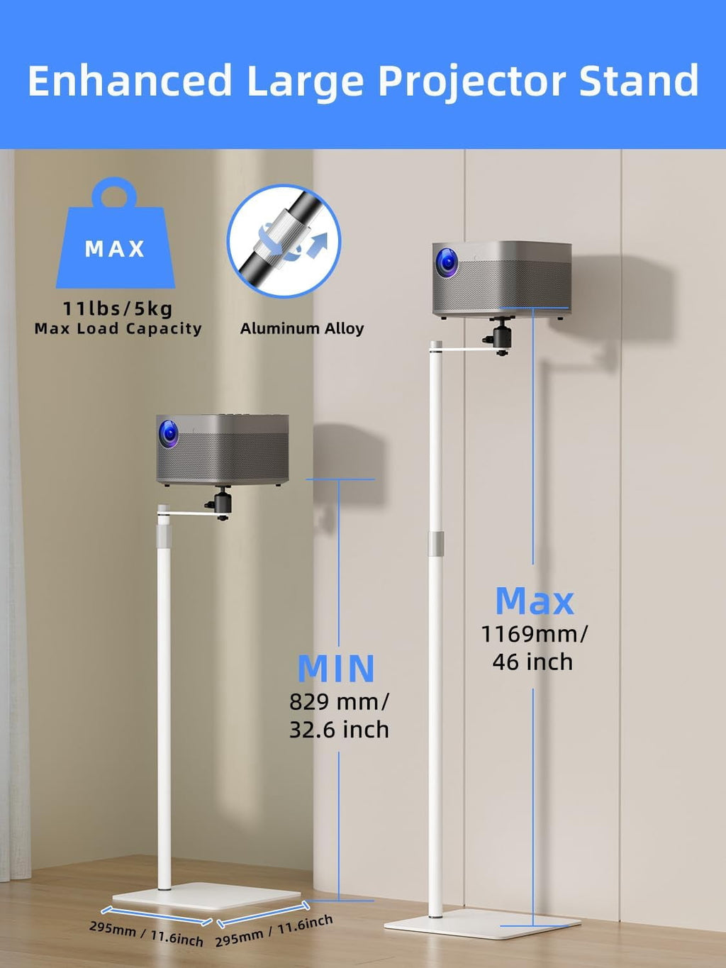 Projector Stand Against Wall Hidden Stand, 360°Swivel, Height Adjustable, Mini Projector Mount Bracket,