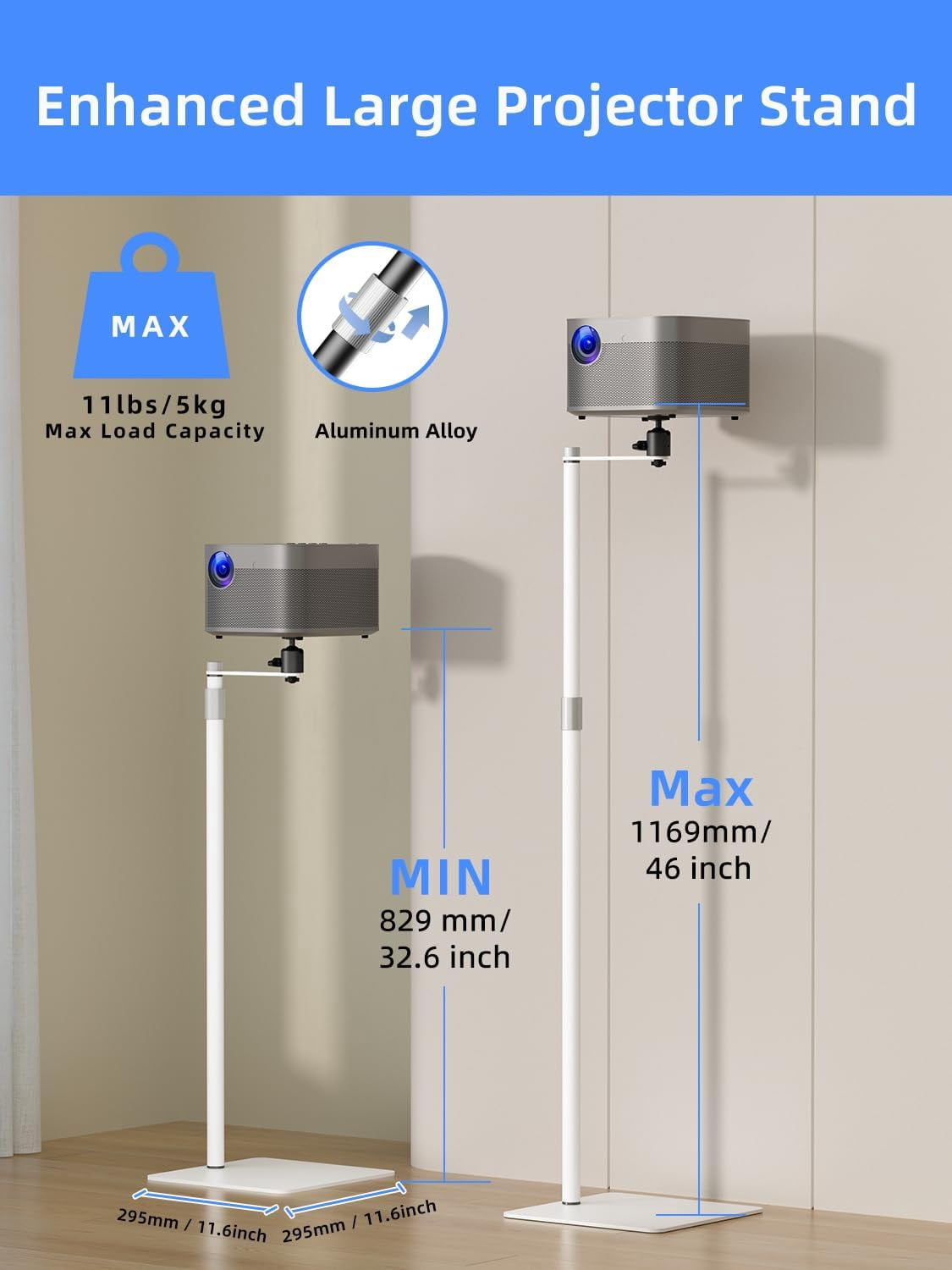 Projector Stand Against Wall Hidden Stand, 360°Swivel, Height Adjustable, Mini Projector Mount Bracket,