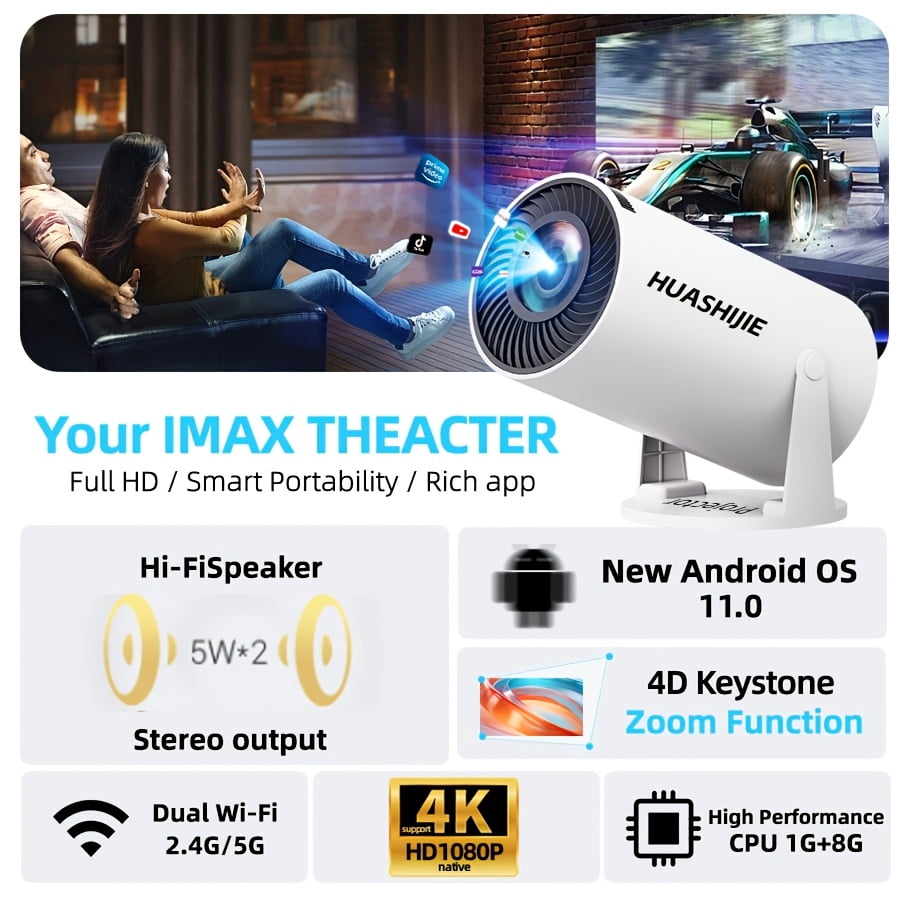 2025 Ultra HD 5G smart Projector, native 1080P Home Theater, 180° Rotation for Wall Projection, Wireless Casting from Phone/PC, for Online Class, Fitness, Office, Camping, Living & Bedroom