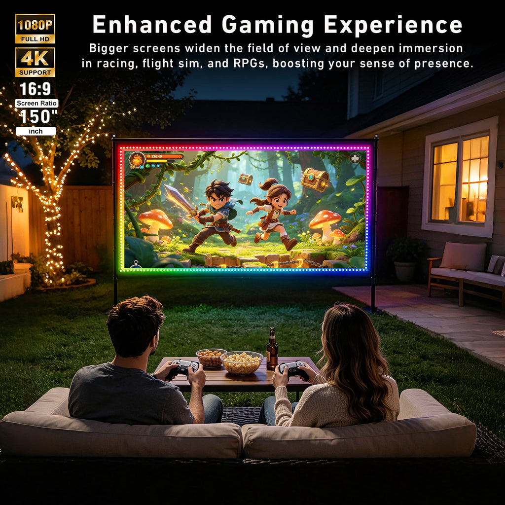 150 Inch Projector Screen with LED Strip & Smart LED Lights 4K Ultra HD Wrinkle-Free Projection Screen with 160° Wide Viewing Angle, Perfect for Ball Games, Sports Matches, TV Shows, Movies & Indoor