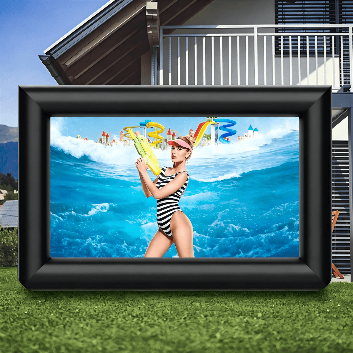 16ft Inflatable Movie Screen Outdoor Projector Screen with Air Blower, Front/Rear Projection, Easy Set Up Blow Up Screen for Backyard Movie Night, Theme Parties, Celebrations