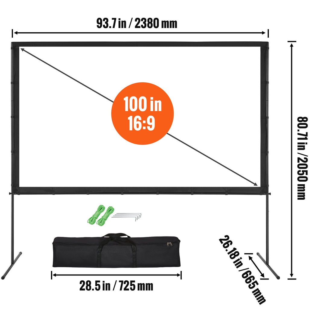 KFFKFF 100" Projector Screen with Stand, 16:9, 4K, HD, Crease-Resistant,Portable Movie Screen for Family Theater, Indoor and Outdoor.