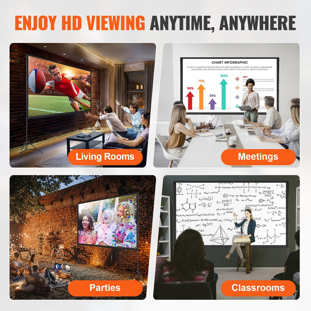KFFKFF 100" Portable Projector Screen with Stand, 16:9, HD, 4K, Movie Screen Featuring Wrinkle-Resistant Design, for Indoor and Outdoor Use.