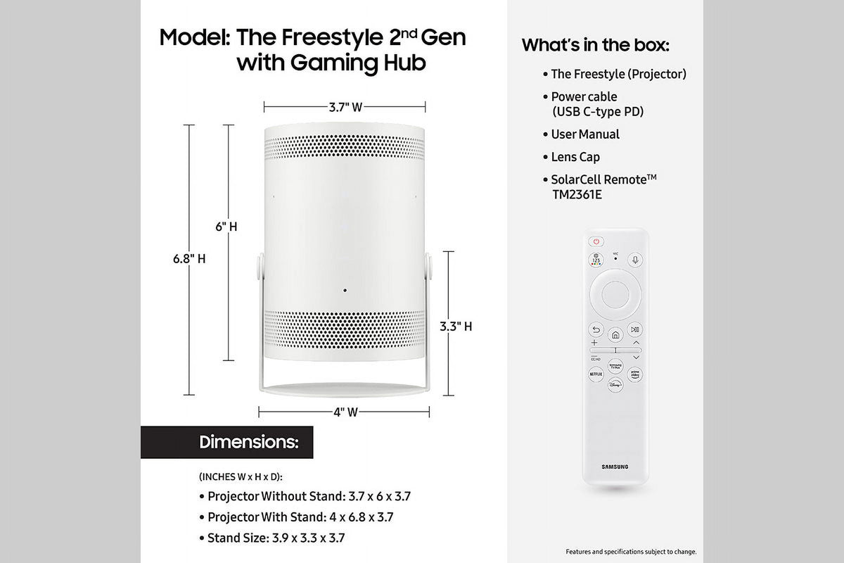 SAMSUNG 30-100" The Freestyle 2nd Gen with Gaming Hub FHD HDR Smart Portable Projector SP-LFF3CLAXXZA