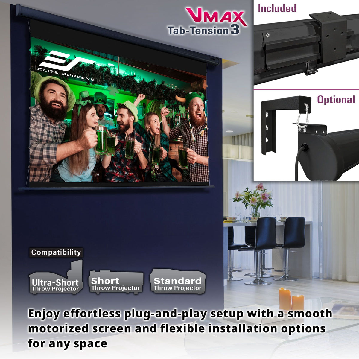 VMAX Tab-Tension3, 125"Diag,16:9,High-Contrast Gray Front Projection Electric 4K UHD Screen, VMAXT125UCH3