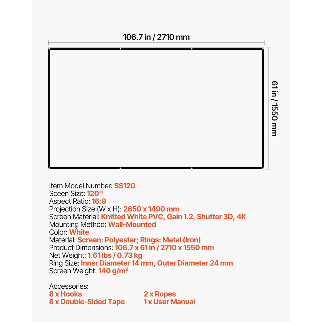 KFFKFF 120-Inch 16:9 Projection Screen, 4K and 1080P HD Compatible, Wall-Mounted Display with Hooks and Adhesive Strips, Portable Canvas for Home, Office, or Theater Use
