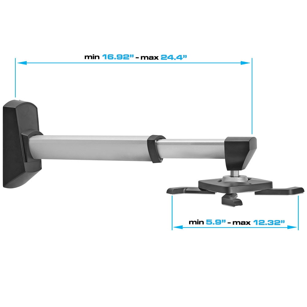 Cmple - Aluminum Short Throw Projector Wall Mount, Tilt & 360 Degree Swivel Wall Projector Bracket Mount with Telescopic Slide for LCD LED Projectors - Max 22lbs (Silver/Black)
