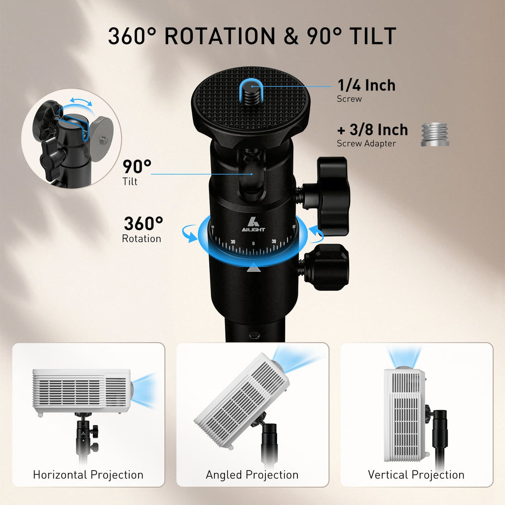AILIGHT Projector Stand, 19"-47.5" Height Adjustable Floor Projector Mount Stand, Heavy-Duty 360° Swivel, Universal 1/4" & 3/8" Table Mount