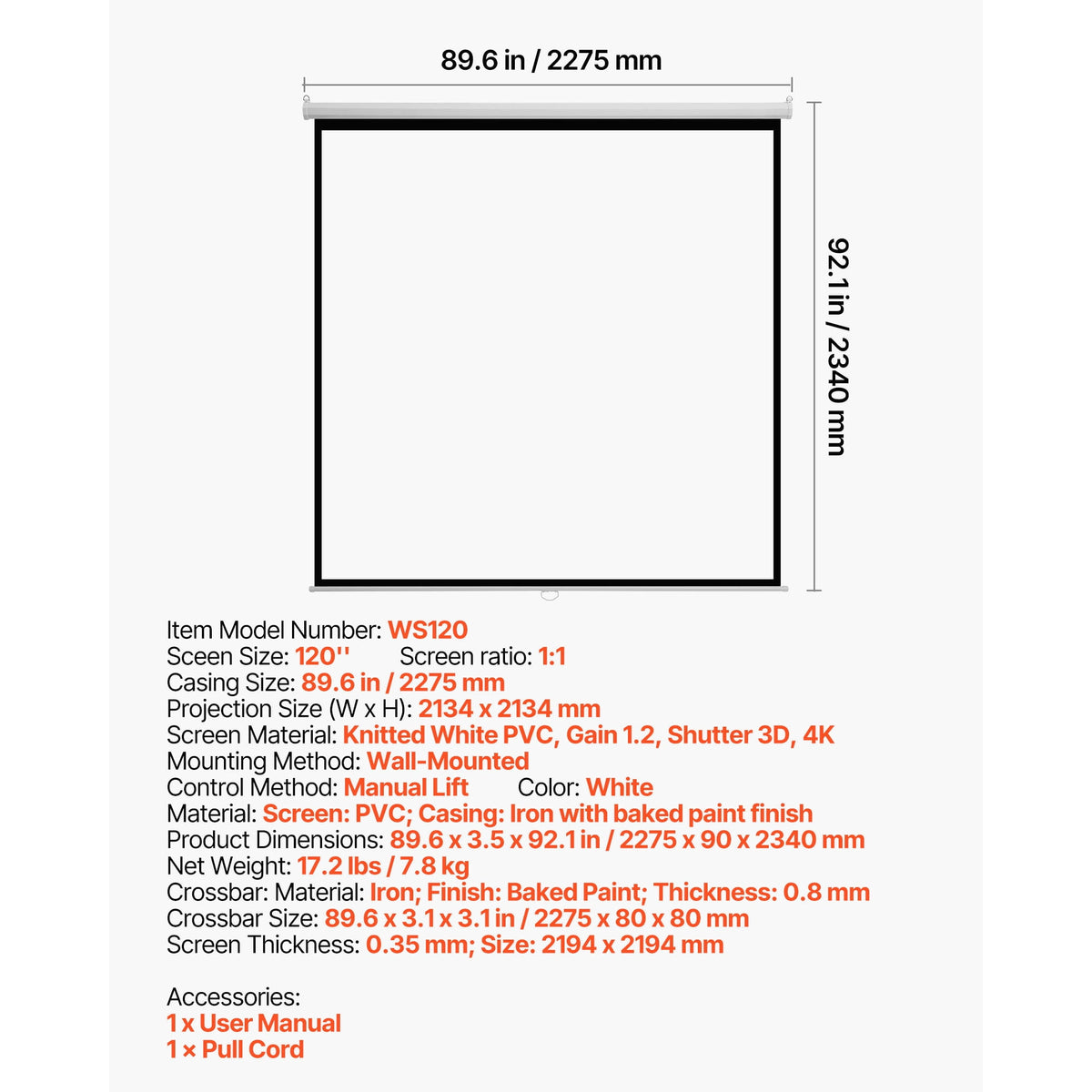 KFFKFF Manual Pull-Down Projector Screen, 120-Inch 1:1 Ratio, 4K and 1080 HD Compatible, Wall-Mounted Retractable Screen with Pull Cord, Portable Display for Home, Office, or Theater Use