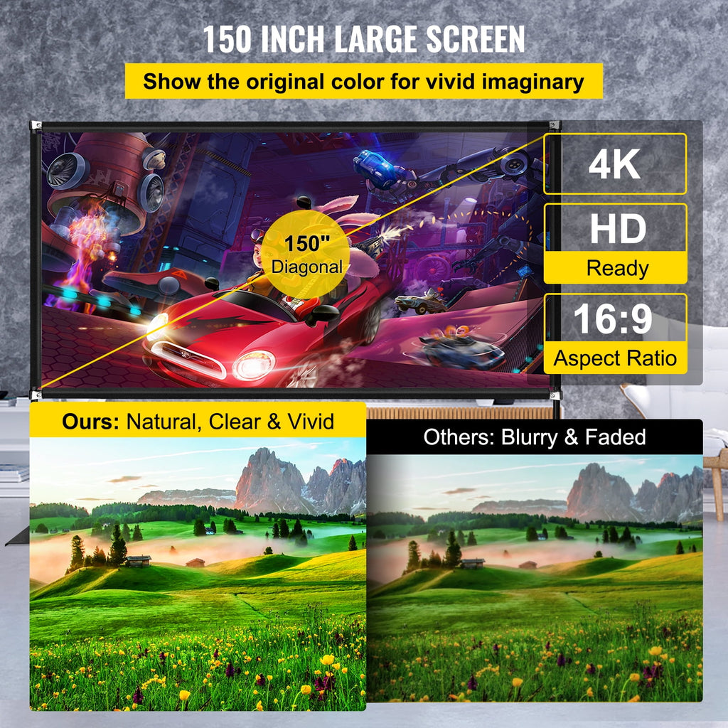 KFFKFF Outdoor Movie Screen w/ Stand, 150" Portable Movie Screen, 16:9 HD Wide Angle Outdoor Projector Screen, Front & Rear Projection,