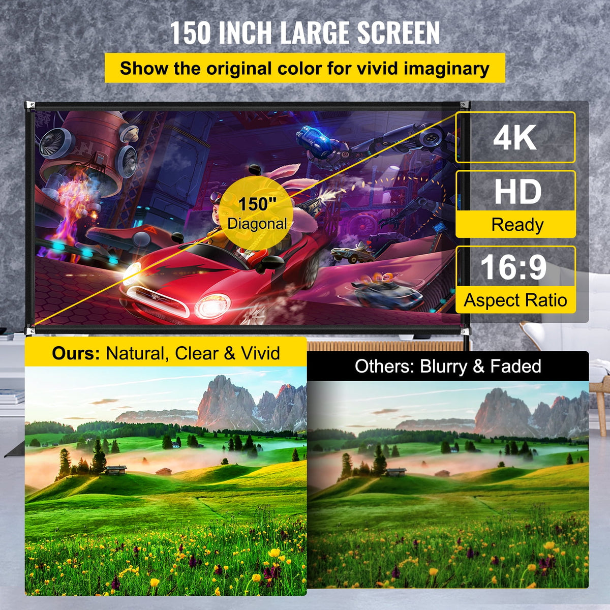 KFFKFF Outdoor Movie Screen w/ Stand, 150" Portable Movie Screen, 16:9 HD Wide Angle Outdoor Projector Screen, Front & Rear Projection,