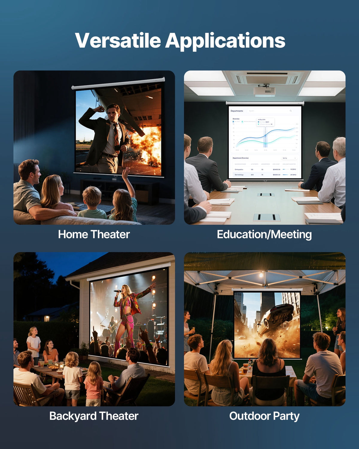 VEVOR Manual Projector Screen, 120 inch 1:1 4K 1080 HD Retractable Pull Down Projector Screen, Wall Mounted Movie Projection with Pull Rope, Portable Display Projectoin for Family Home Office Theater