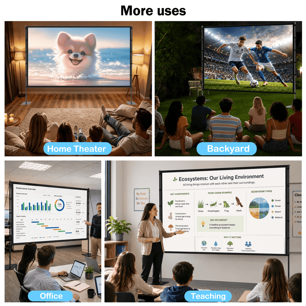 TIKBBRMG Projector Screen with Stand, 120inch Portable Outdoor Indoor Projection Screen, 16:9 4K HD Movie Screen with Carry Bag, Ropes and Ground Stakes for Backyard, Camping, Theater