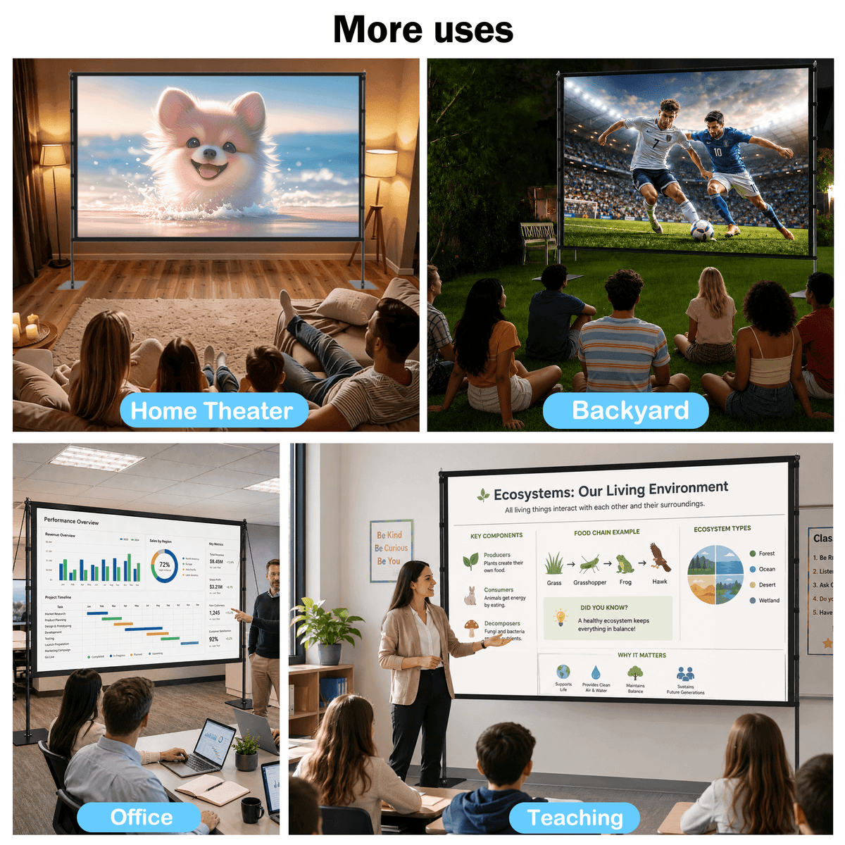 TIKBBRMG Projector Screen with Stand, 120inch Portable Outdoor Indoor Projection Screen, 16:9 4K HD Movie Screen with Carry Bag, Ropes and Ground Stakes for Backyard, Camping, Theater