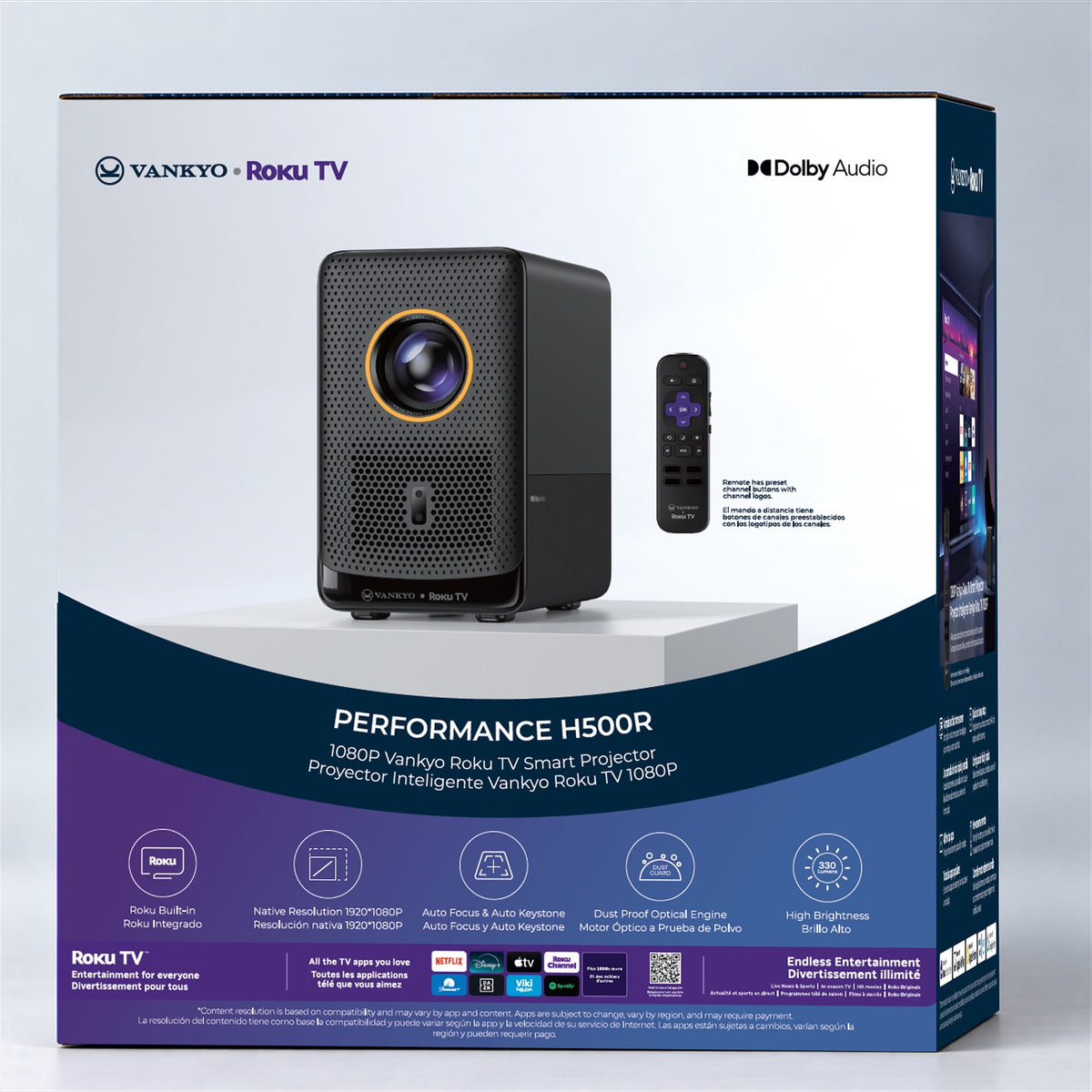 VANKYO Performance H500R Native 1080P Portable Projector, Built-in Roku TV, Full HD 5G Wifi & Bluetooth Outdoor Movie Projector, Auto-Focus & Auto-Keystone