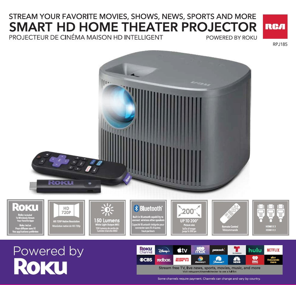 RCA 720P HD Roku Smart Home Theater Projector With Roku Express Streaming, 150 ANSI, RPJ185, Black