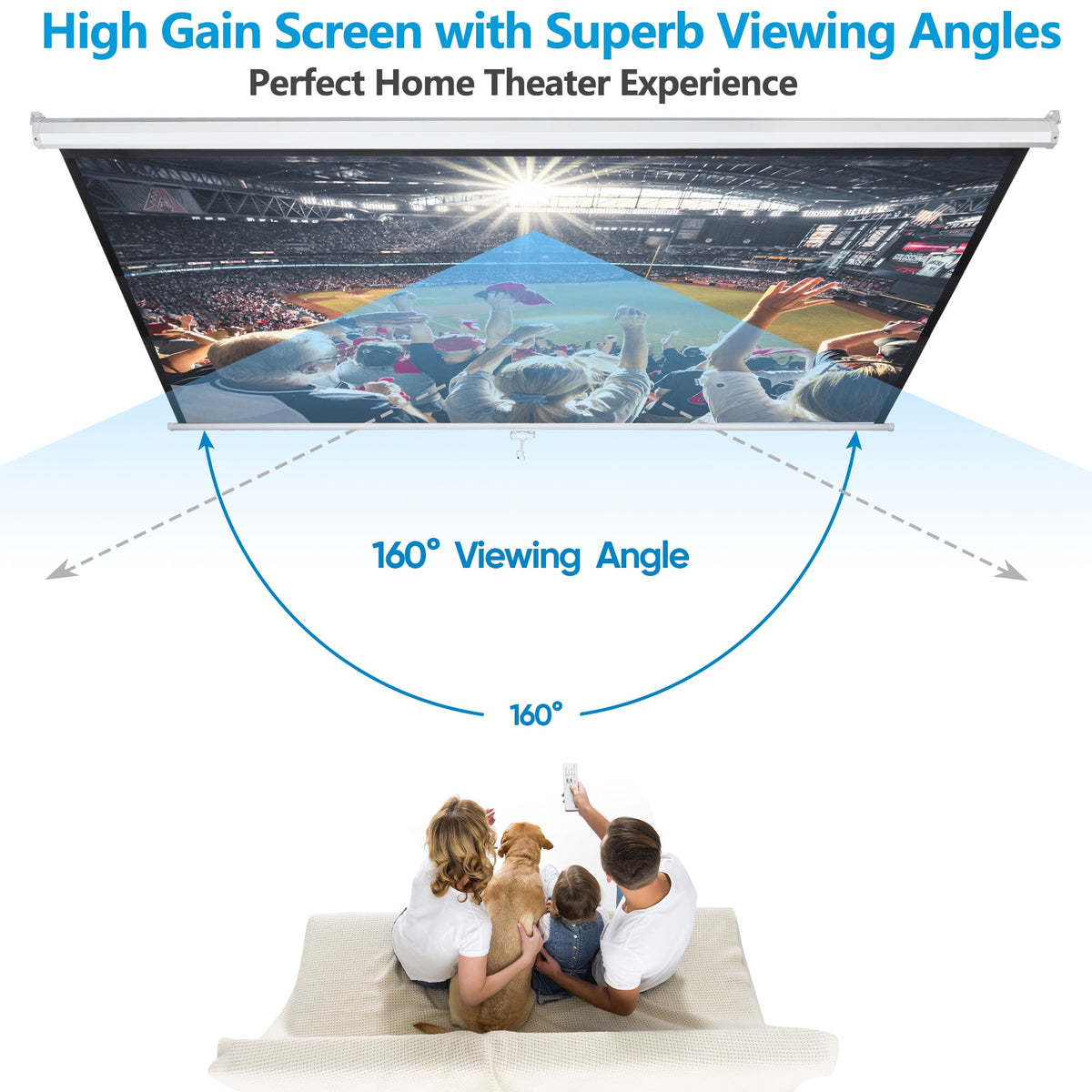 HomGarden 120inch Projection Screen 1:1 Movie Projector, Foldable 4K Ultra HD Active 3D, Ceiling Wall Mount