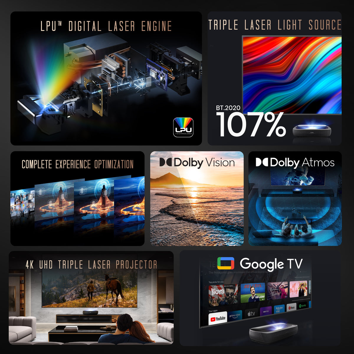 Hisense L9H TriChroma 4K Ultra Short Throw Laser TV Projector with 120" Ambient Light Rejecting Screen, Dolby Vision, Dolby Atmos, & Google TV