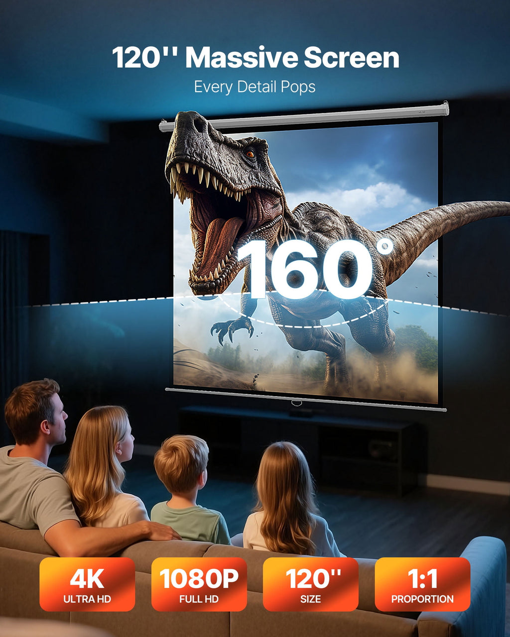 VEVOR Manual Projector Screen, 120 inch 1:1 4K 1080 HD Retractable Pull Down Projector Screen, Wall Mounted Movie Projection with Pull Rope, Portable Display Projectoin for Family Home Office Theater