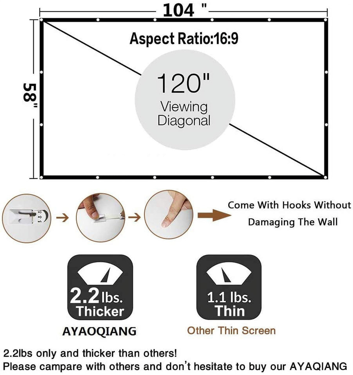 Projector Screen with Stand Foldable Portable Movie Screen 120 Inch, HD 4K Double Sided Projection Screen Indoor Outdoor Projector Movies Screen for Home Theater,16:9