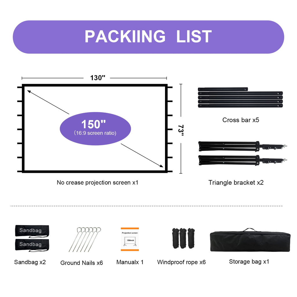 Florascent 150" Projector Screen with Stand, 16:9 4K HD Portable Outdoor Projector Movie Screen for Home Backyard Theater