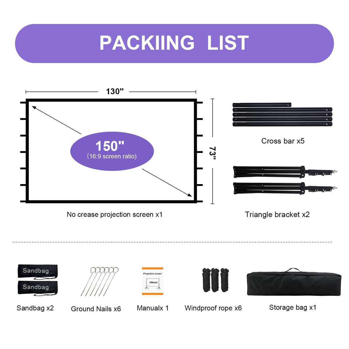 Florascent 150" Projector Screen with Stand, 16:9 4K HD Portable Outdoor Projector Movie Screen for Home Backyard Theater