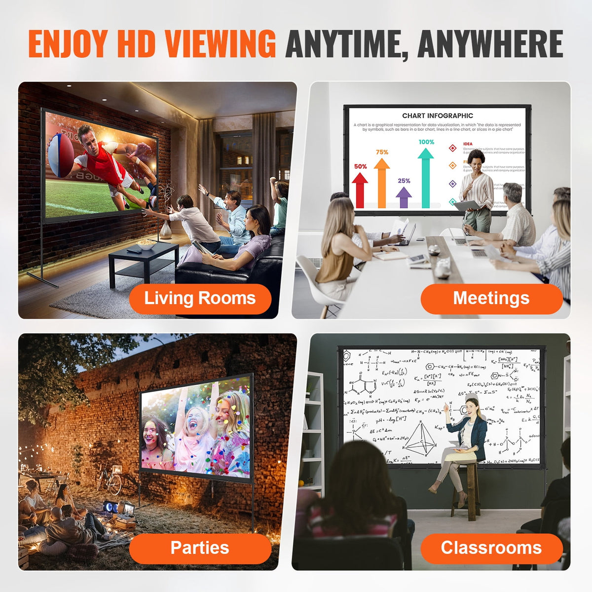 KFFKFF 100" Projector Screen with Stand, 16:9, 4K, HD, Crease-Resistant,Portable Movie Screen for Family Theater, Indoor and Outdoor.