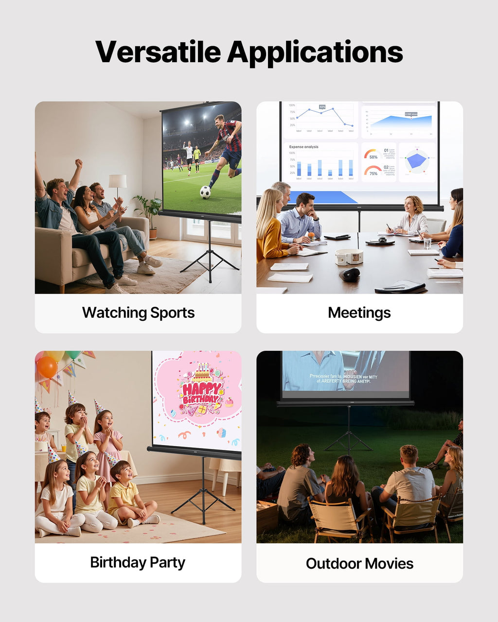 VEVOR Projector Screen with Stand, 70 x 70 Inch 160° Wide Angle Indoor Outdoor Projection Screen, 1:1 4K HD Wrinkleless Portable Tripod Screens with Bag, for Movie, Home Theater, Office Presentation